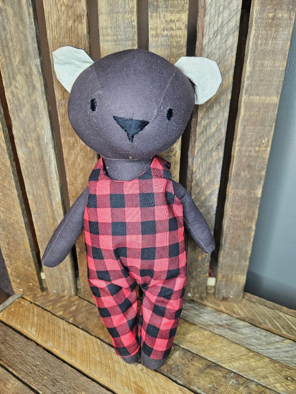 Dark Brown Bear with buffalo plaid overalls