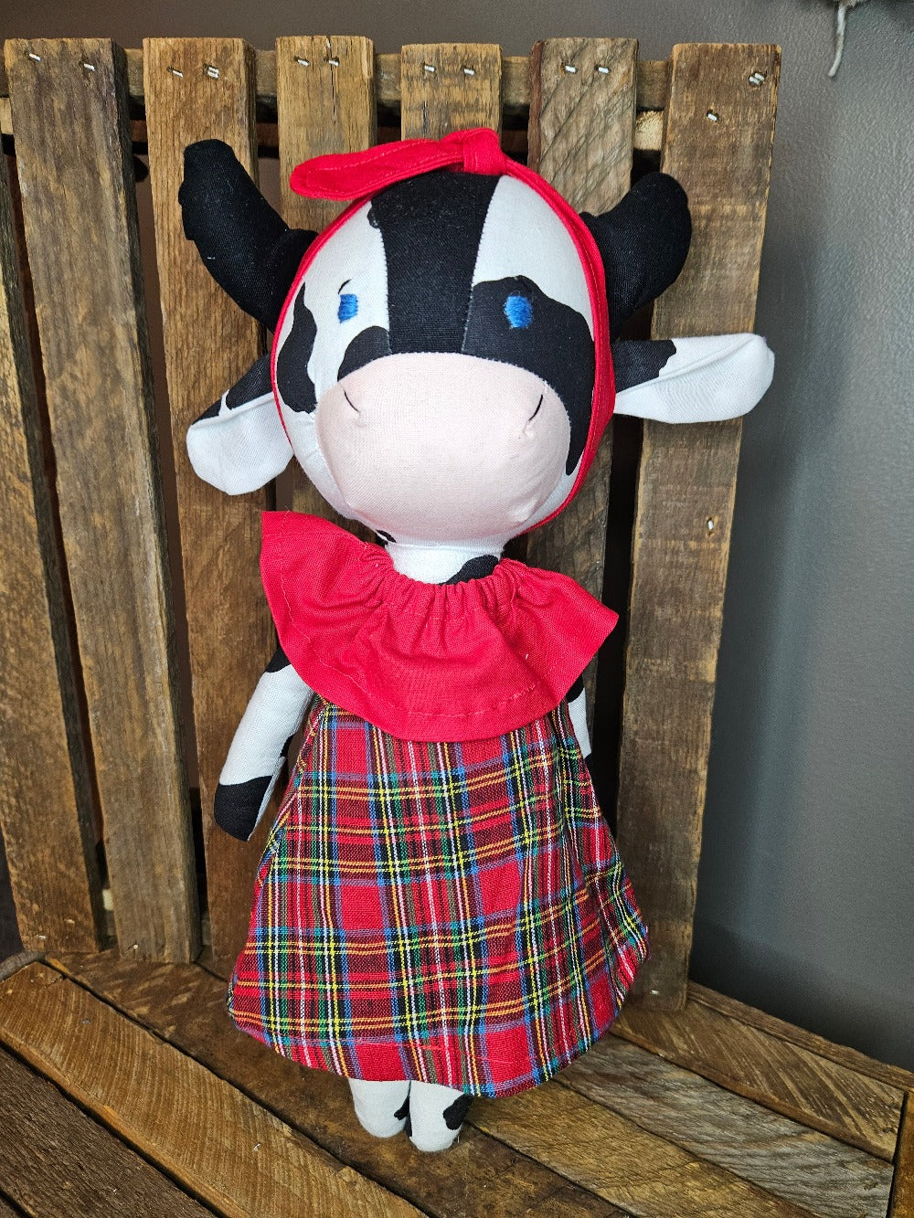 Black & White Cow with red plaid dress