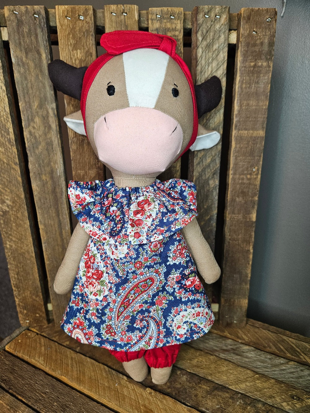 Brown Cow with Red & Blue Paisley outfit