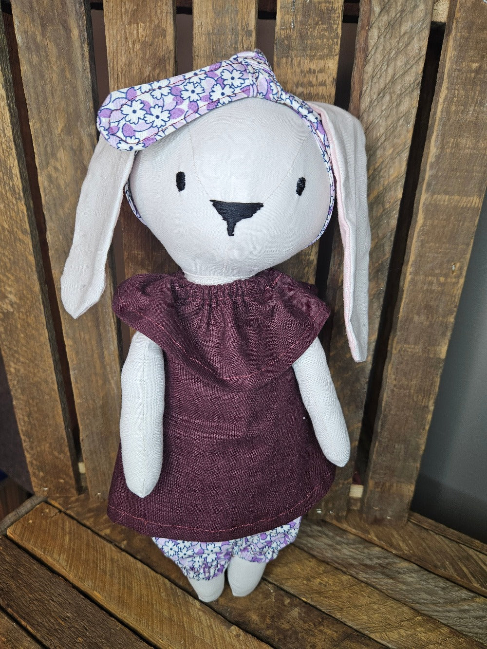 Cream bunny with eggplant purple top and purple print pants