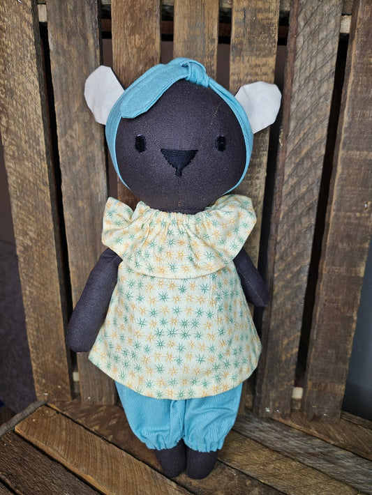 Dark Brown Bear with Yellow Floral Print Top & Teal Pants