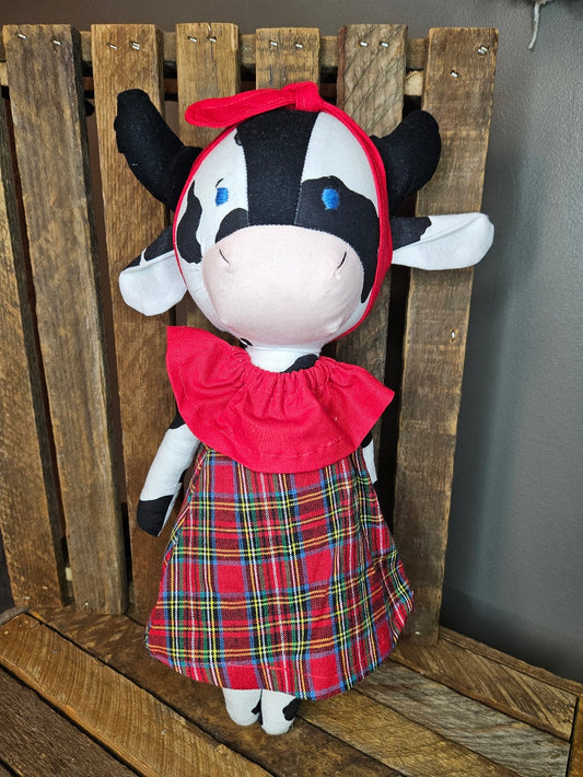 Black & White Cow with red plaid dress