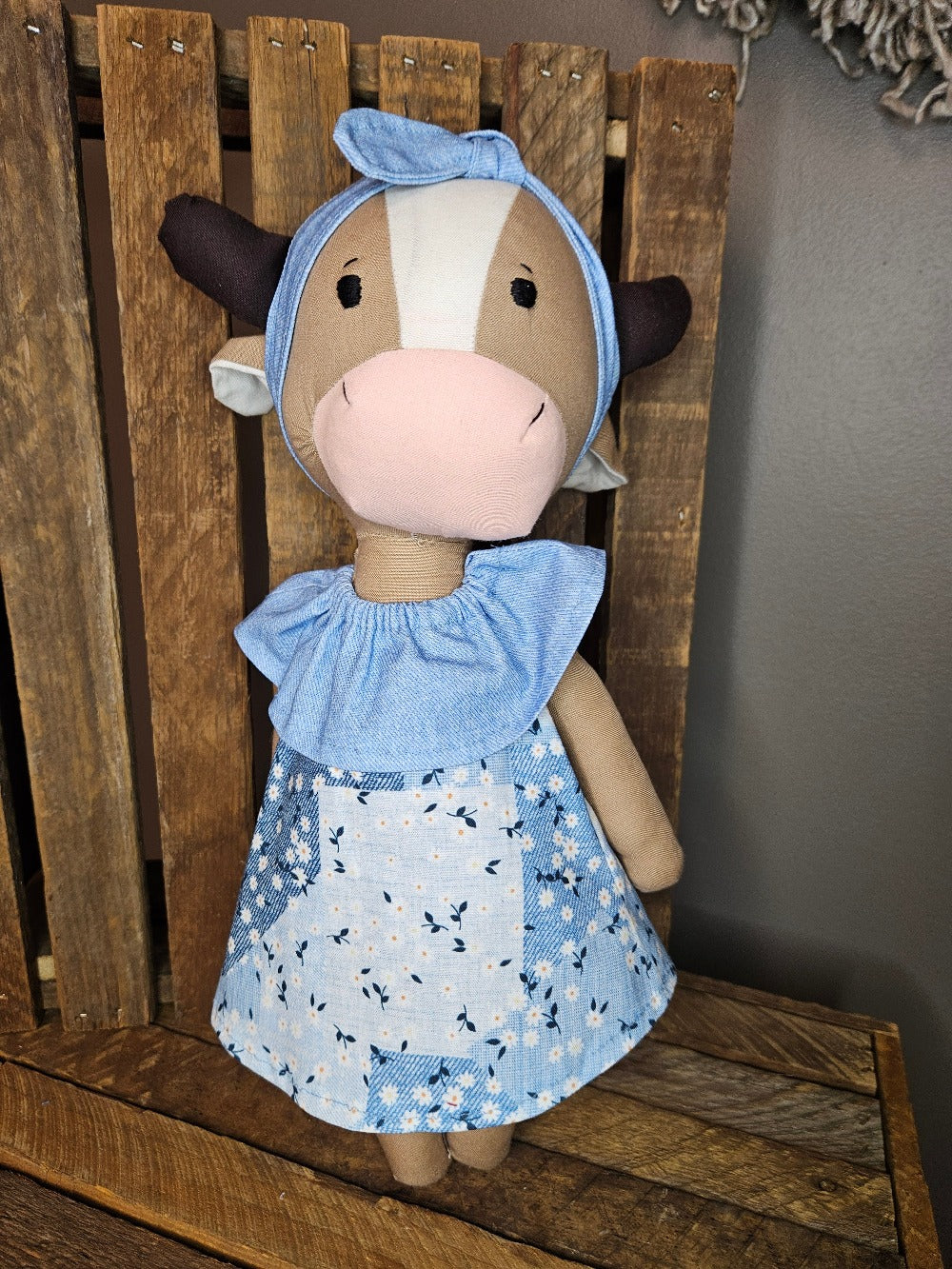 Brown Cow with Denim Blue Floral Dress