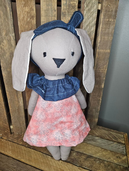 Tan bunny with coral pink and navy dress