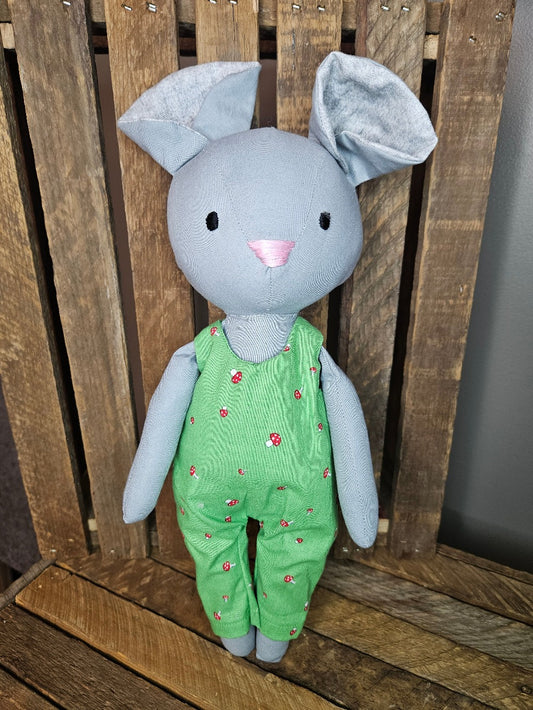 Gray Mouse with green overalls with red mushrooms