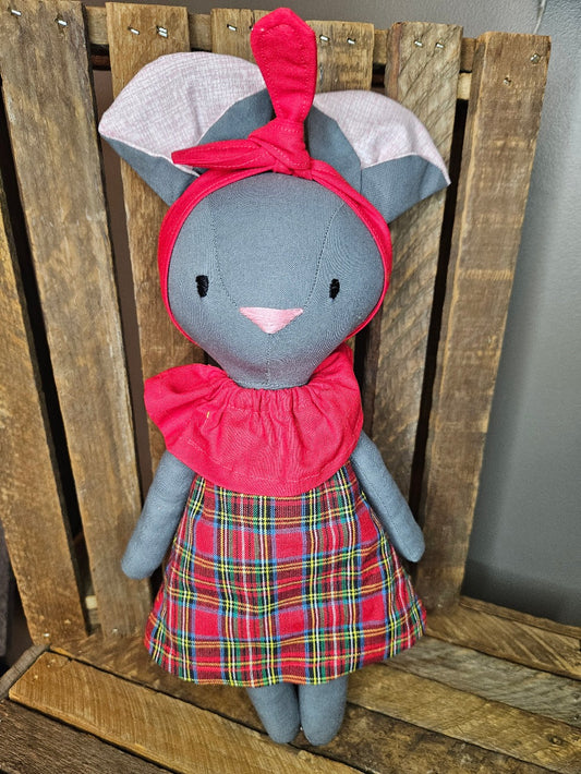Dark gray mouse with red plaid dress