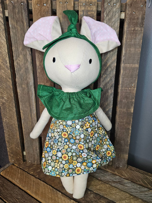 Cream mouse with forest green print dress