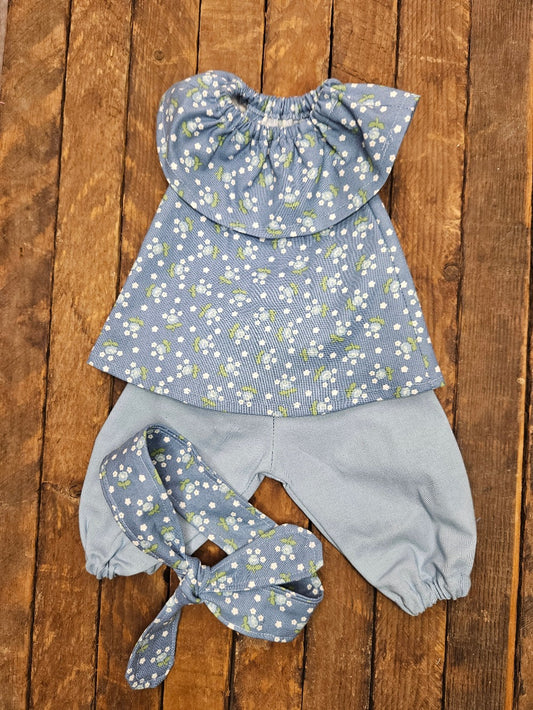 Dusty Blue Print 2 Piece Outfit with Headband